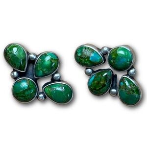 Vintage Green Turquoise Cluster Earrings in Sterling Silver